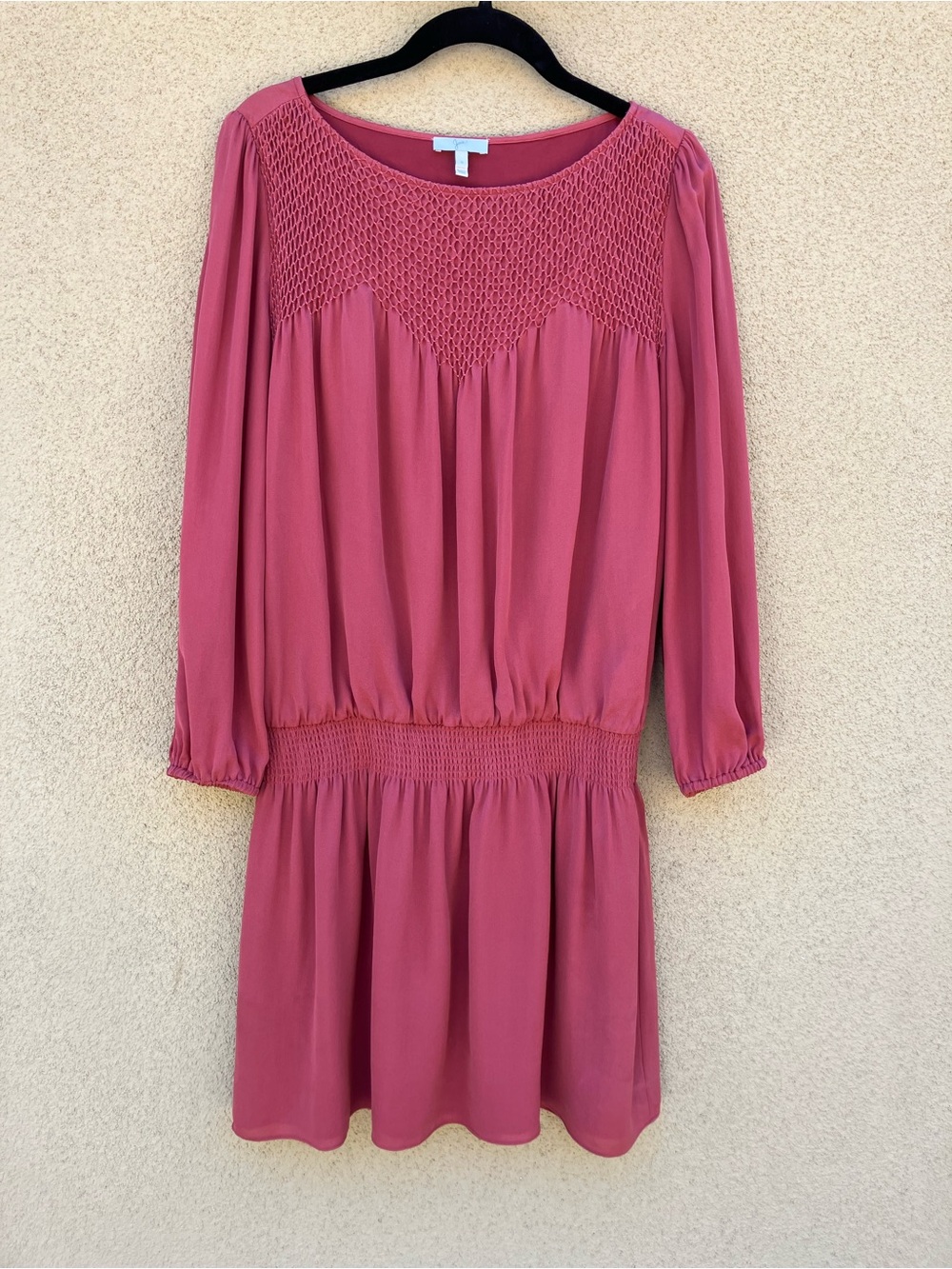 Joie Silk Red Brick/Brown Smocked Yoke Long Sleeve Dress
